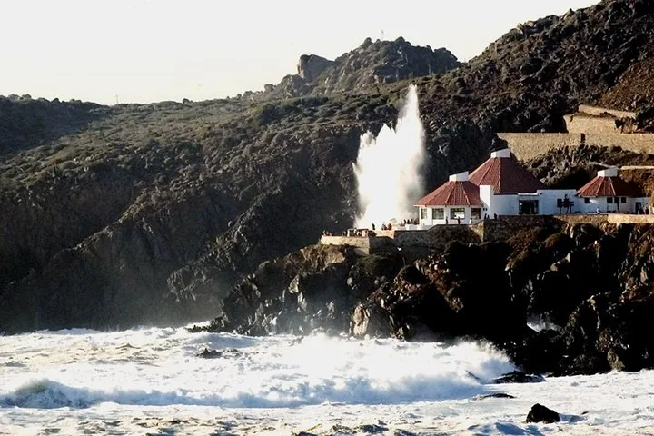 A large geyser erupts from rocks next to a coastal building.